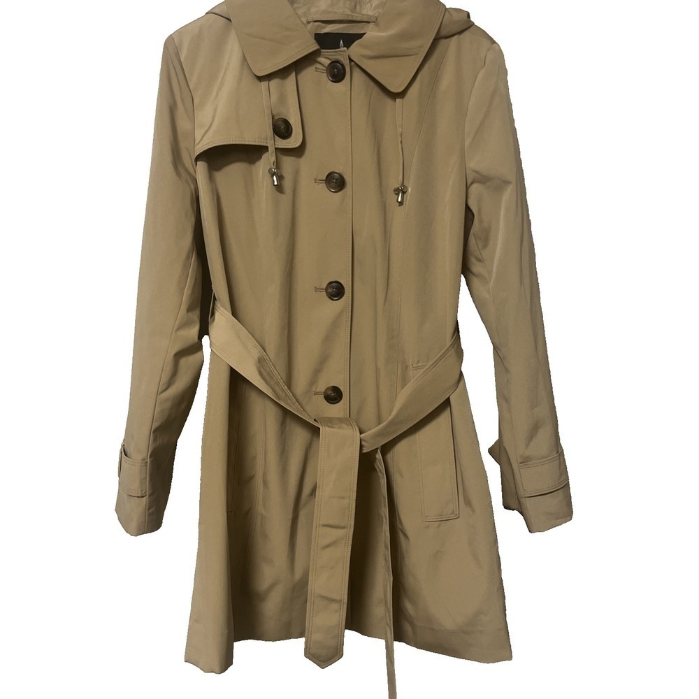 London Fog Single Breasted Trench Coat womens medium khaki belted hooded rain